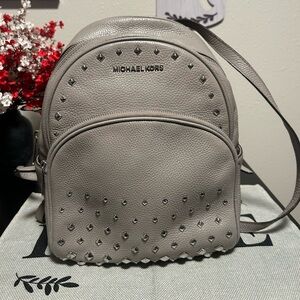 MICHAEL KORS Abbey Medium Grey Studded Pebbled Leather Backpack